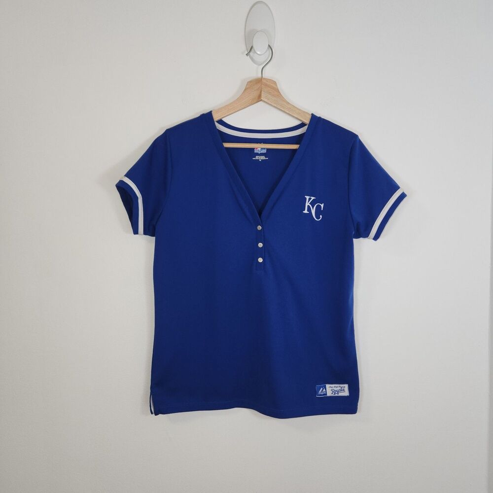 KC Royals MLB Team V Neck 1/4 Button Up Embroidered Women's Jersey XL